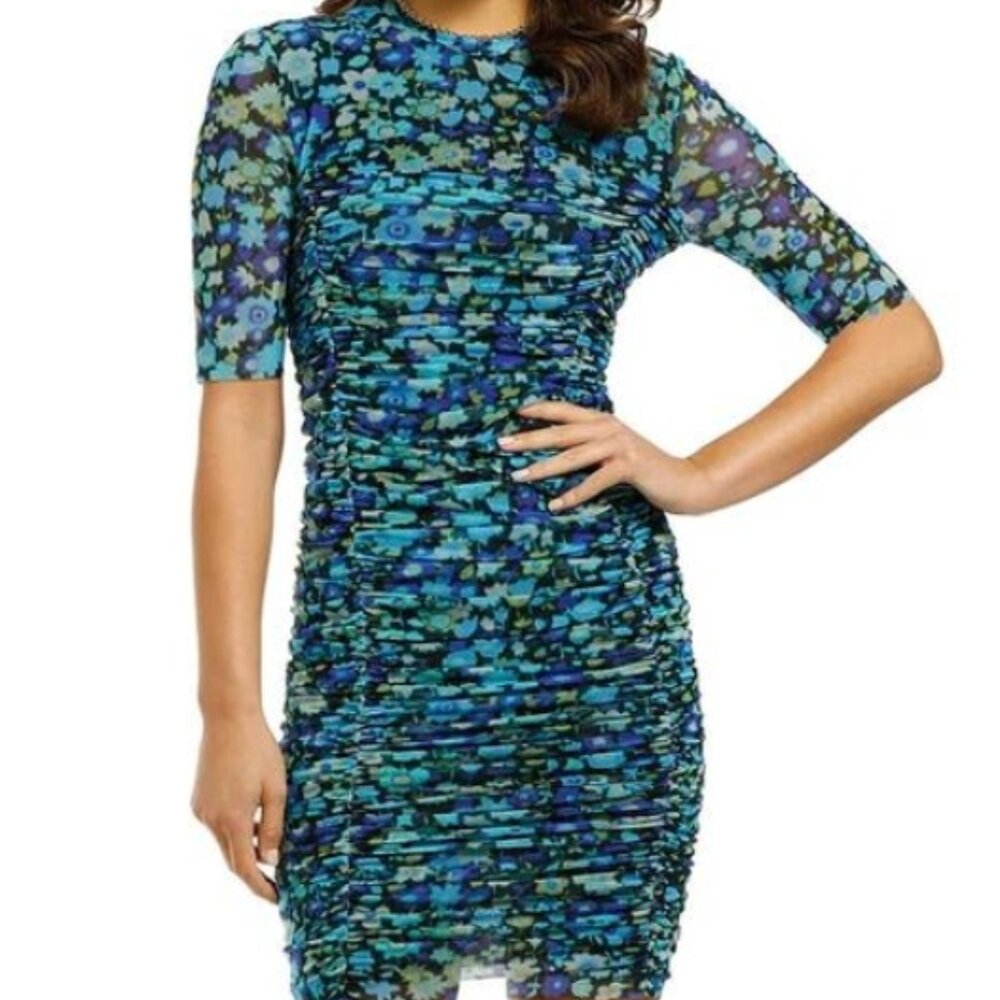 NWOT GANNI Azure Blue Ruched Floral Stretch Mesh Mini Dress $250